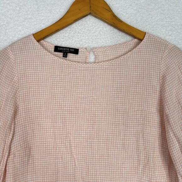 Lafayette 148 Linen Gingham Blouse Women’s Small Peach Check 3/4 Sleeve Bow Cuff - Picture 3 of 10